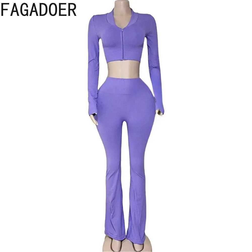 Women's Two Piece Pants FAGADOER Autumn New Quality 2 Piece Sets Outfit Women Long Slve Zip Crop Top + High Waist Flare Pants Suit Sporty Strtwea