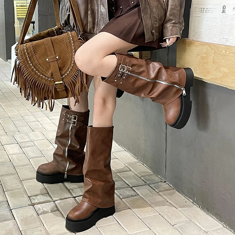 Retro platform flat bottomed womens knee high boots fashionable buckle shoes autumn womens knight boots 241018