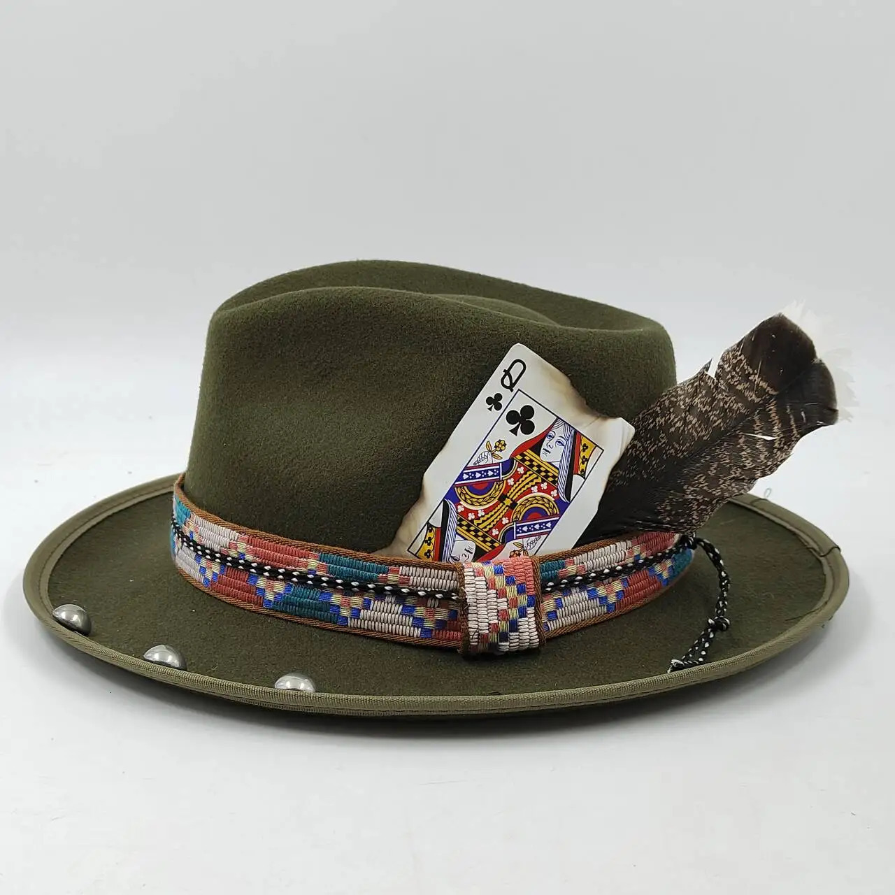 Feather Fedoras Hat Mens and Womens Black Felt Wide Brim Jazz Hat Gentlemens Hat Plum Blossom 8 Poker Card Design Fedora Hat 241018
