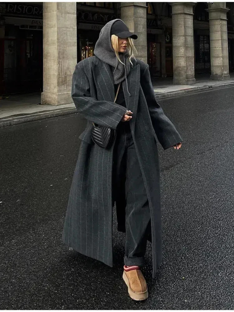Retro striped lapel wool long coat for womens casual loose dark gray oversized coat for womens winter elegant and chic coat 241019