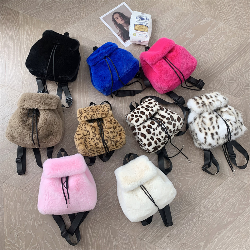 Y2K bags Hot Pink Color Mini Backpack Retro Fuzzy Purse Plush Kawaii Drawstring Bag for Women Girls