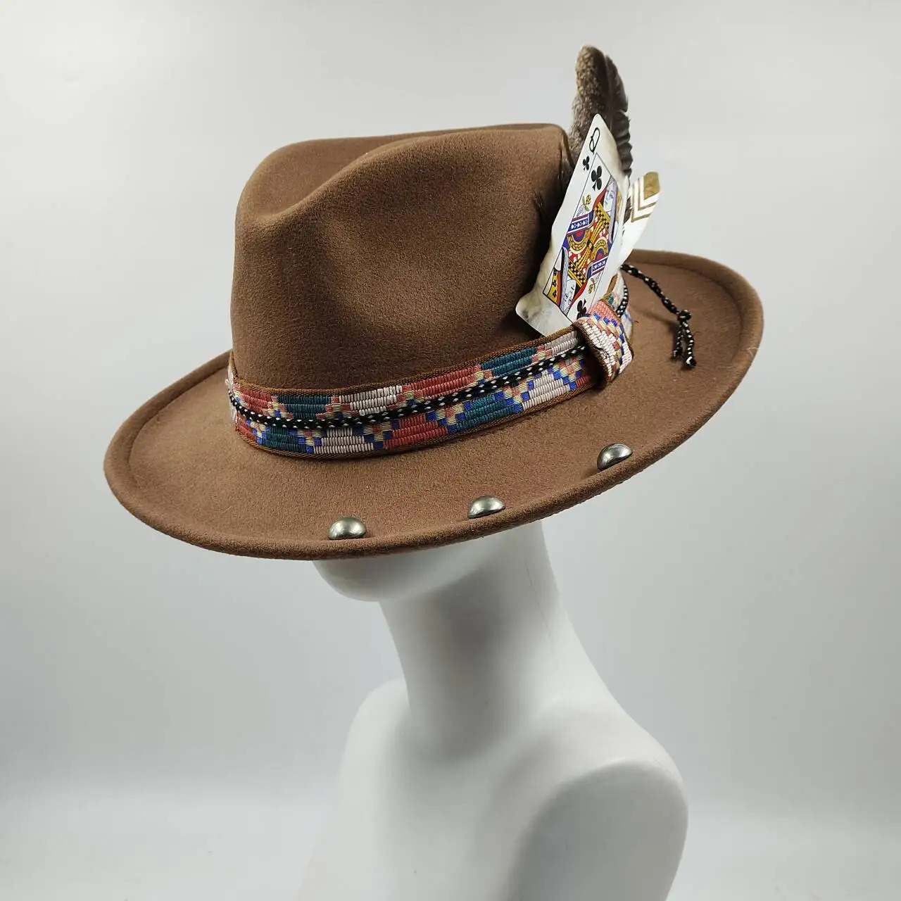 Feather Fedoras Hat Mens and Womens Black Felt Wide Brim Jazz Hat Gentlemens Hat Plum Blossom 8 Poker Card Design Fedora Hat 241018