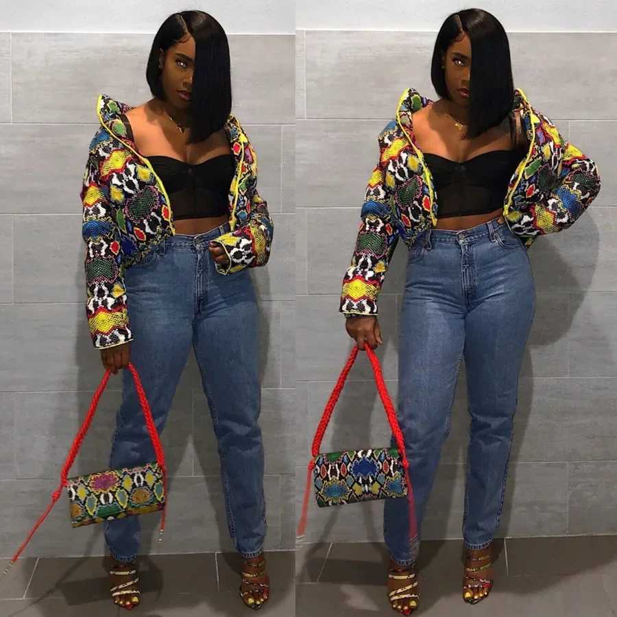 Women's Down Parkas ANJAMANOR Fashion Printed Bubble Jacket 2020 Winter Clothing Womens Parkas Zipper Cut Inflatable Jacket Clothing D30-EI40 Y24