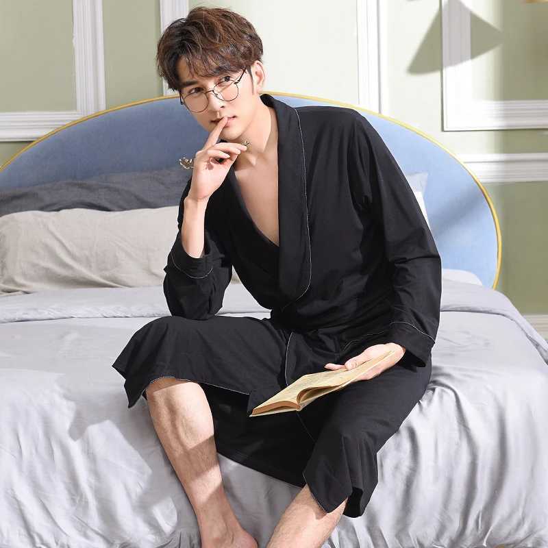2022 Spring Summer Bathrobe Men Modal Sleep Top Kimono Robes For Male Black Robes Long Bath Robe Bride Robe Dressing GownXJ241018