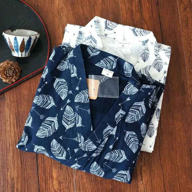 Summer Mens Robe 100% Cotton Gauze Leaf Loose Comfortable Leaves Kimono Robes home clothing nightly BathrobesXJ241018