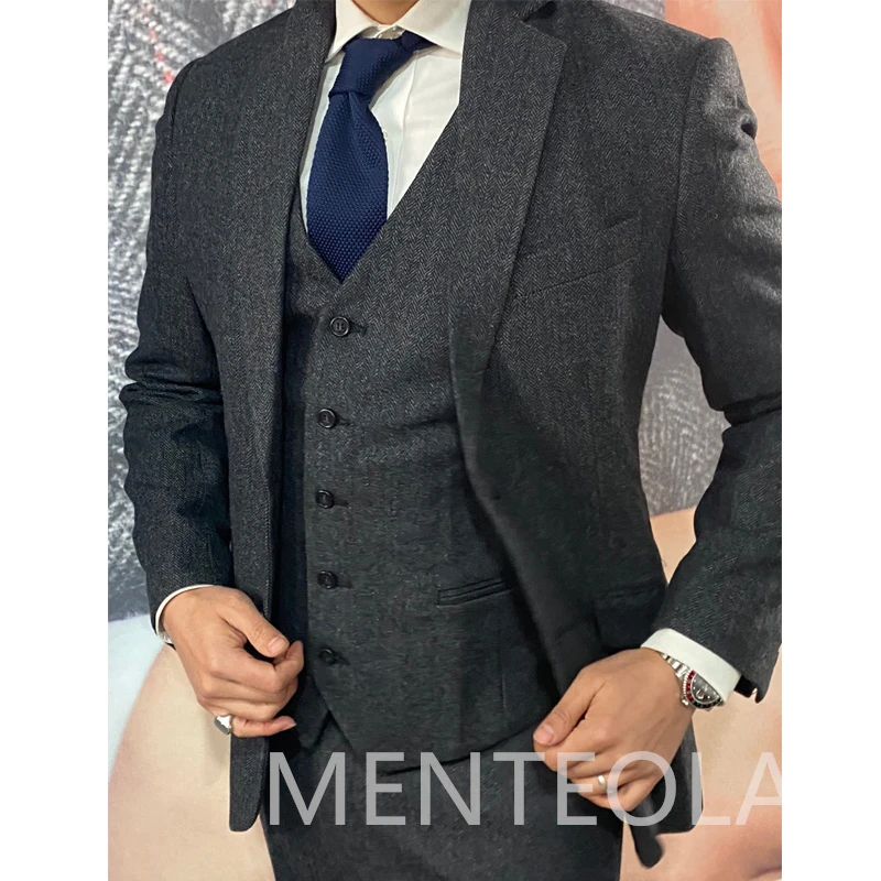 Wool Herringbone Men Suits for Winter Notched Lapel 3 Piece Wedding Groom Tuxedo Business Gray Male Fashion Jacket Vest Pants