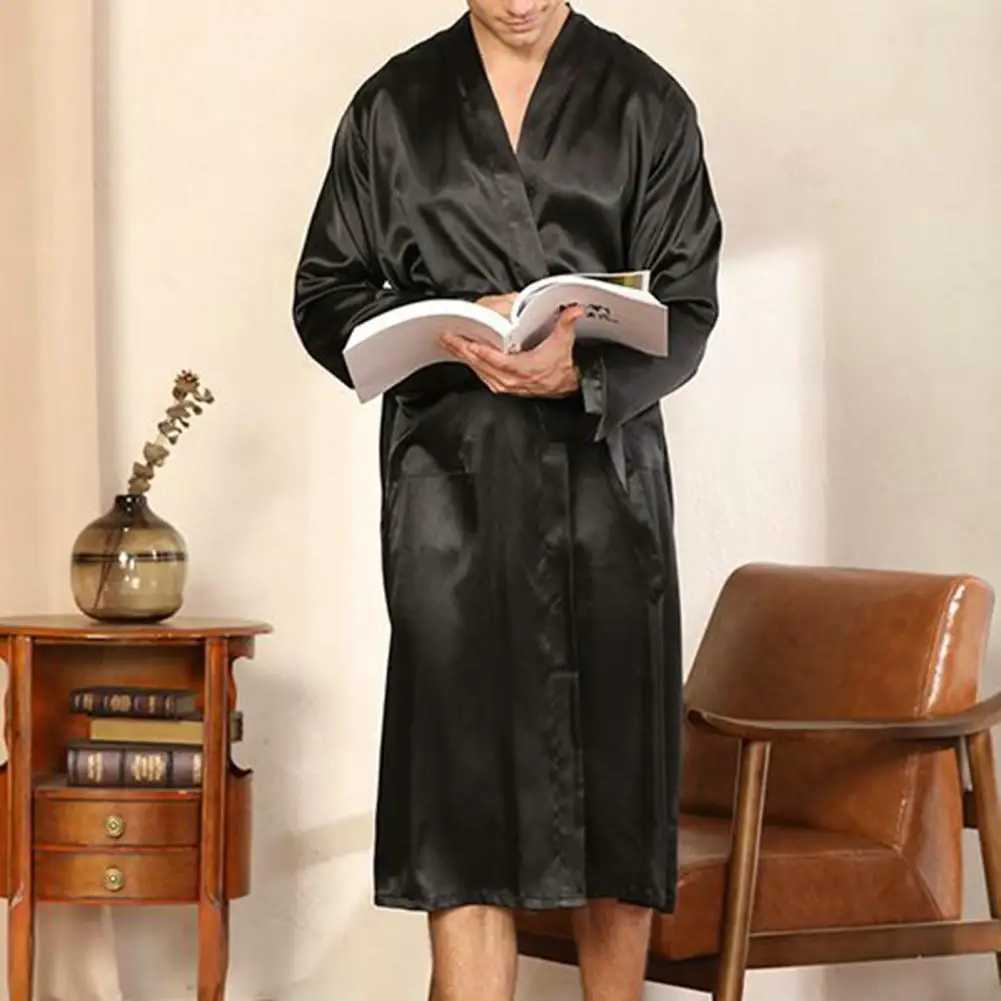 Men Bathrobe Long Nightgown Soft Silk Dressing Gown Bathrobe Lace Up Waist Belted Side Pockets Bathrobe Homewear Bath RobeXJ241018