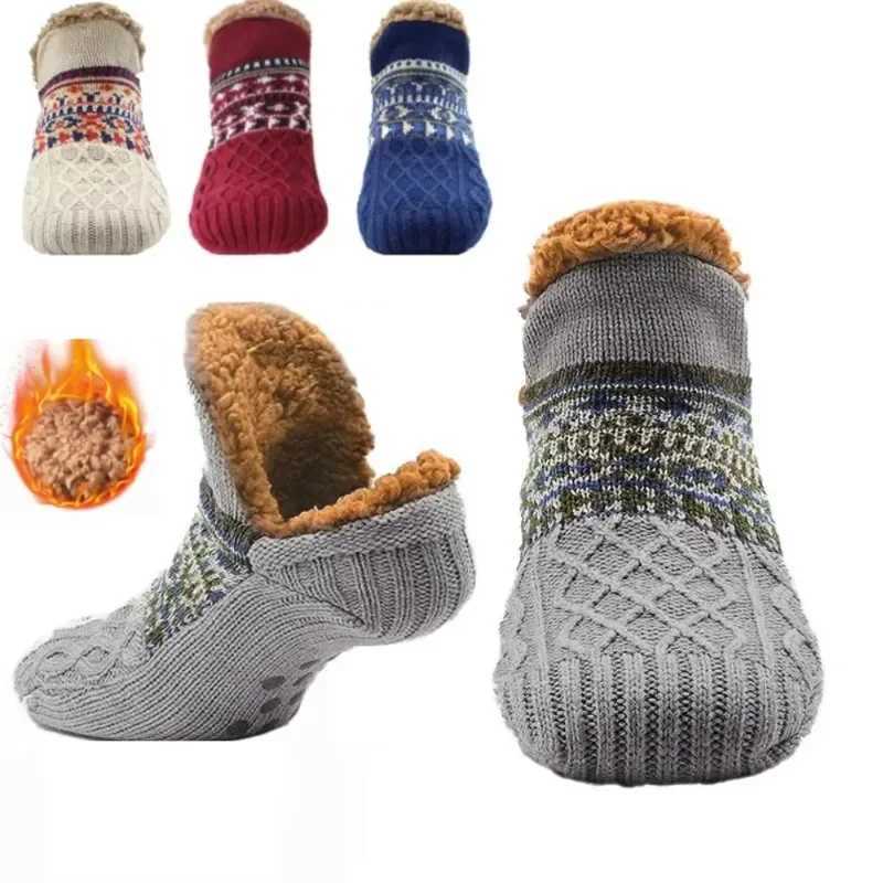 Indoor Winter Slippers Socks Mens Floor Socks Home Bedroom Sleeping Socks Non-slip Knitted Adult Plus Fleece Warm Carpet SoxXJ241019