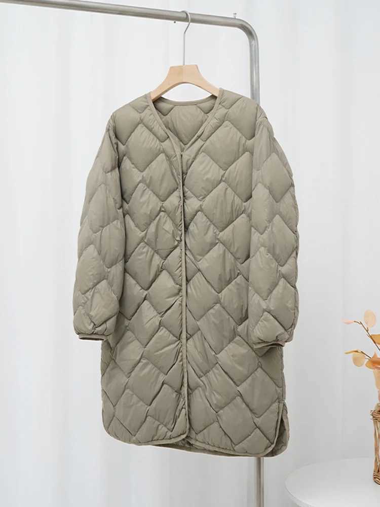 0-10 Korean Style Women Winter Coats 2024 New Autumn Ultra Light Long Duck Down Jackets Collarless Windproof Puffer ParkasX241019