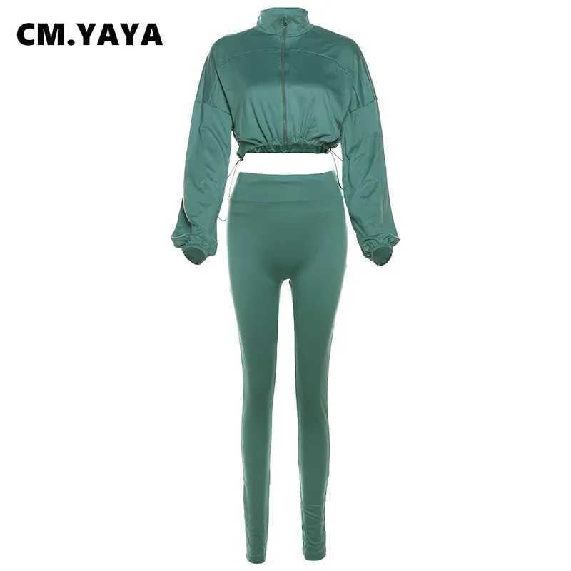 Women's Two Piece Pants CM.YAYA Womens Set Active Full Set Sleve Top+Pencil Pants Set Strt Sports Shirt Two Piece Set Track and Field Wear 2024 A