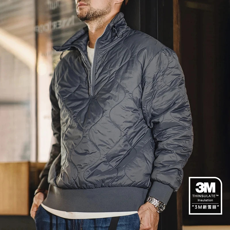 Maden Quilting Half Zip Coat for Men Thinsulate Filling Winter Thickened Warm Parkas Gray Standup Collar Pullover Mens 241018