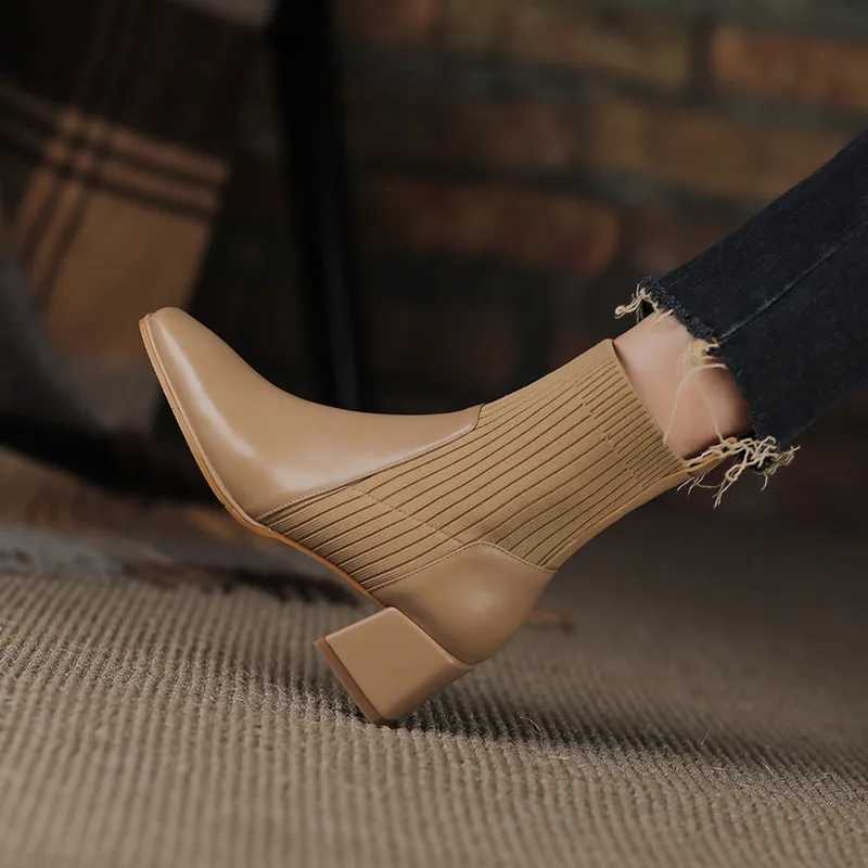 2023 Autumn/Winter New Ankle Socks Shoes Womens Fashion Large 43 Knitted Short Boots Womens High Heels Botas De Mujer Y241019