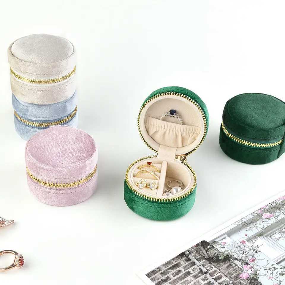 New mini round velvet jewelry box for travel earrings necklaces storage rings zippers portable jewelry managers Joyero boxes W241019