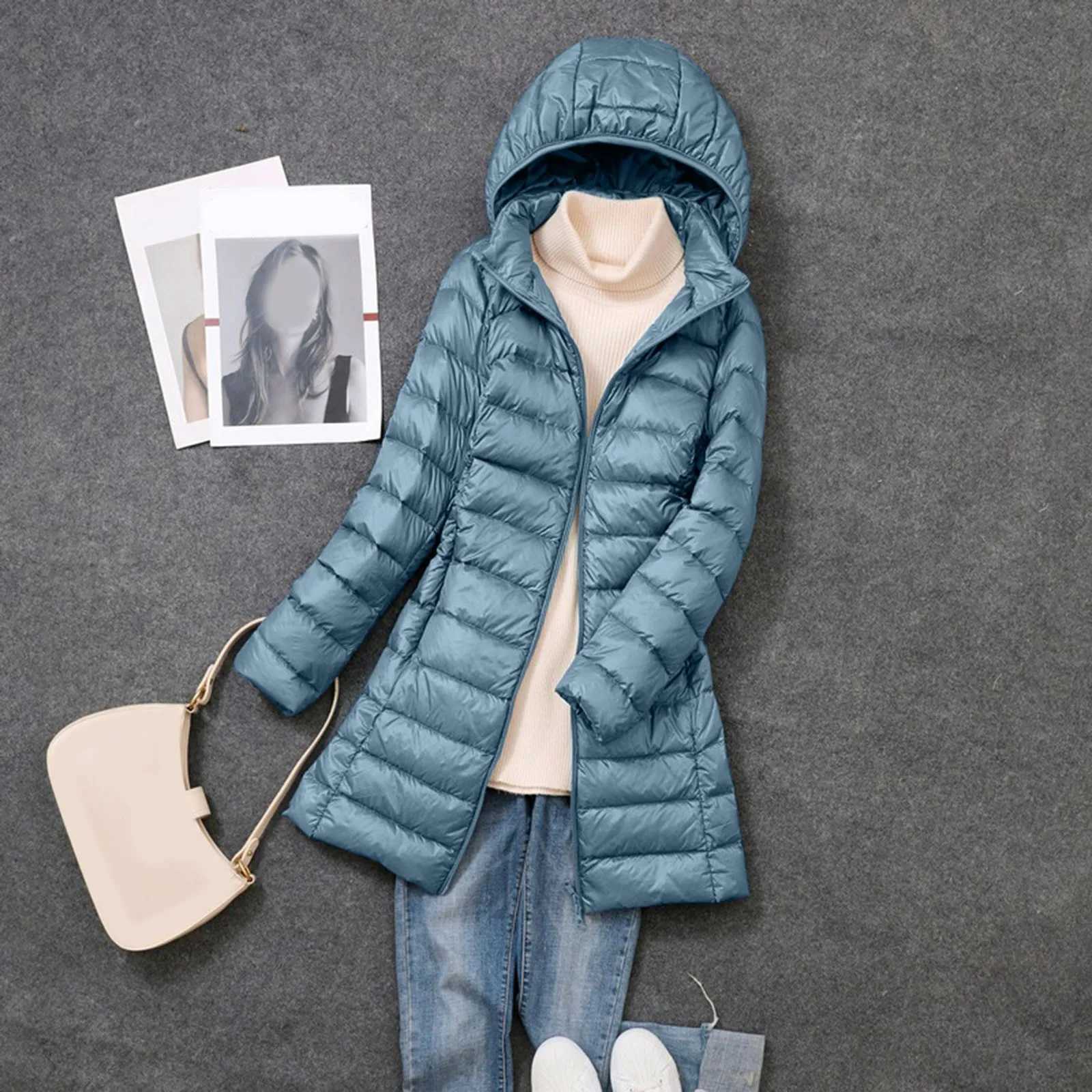 Winter Womens Down Jackets Long Ultra Light Thin Casual Coat Puffer Jacket Slim Hat Detachable Hooded Parka Portable OutwearX241019