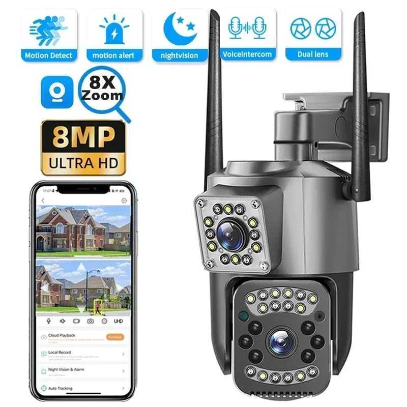 Camera Dual Lens WIFI IP Camera 8MP 4K Surveillance Cameras Wireless Outdoor Smart Home Night Vision V380 8X Digital Zoom CCTV Camara Z250210