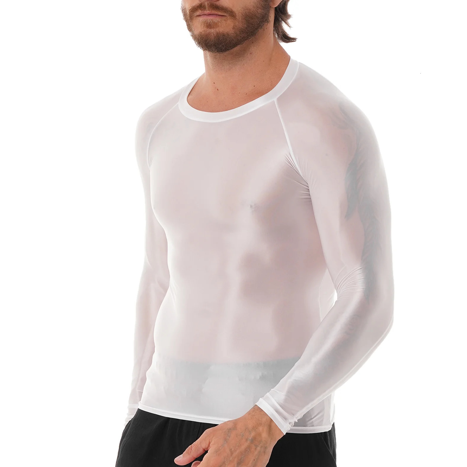 Mens clothing smooth O-neck long sleeved T-shirt solid color slim fit breathable shirt top gym jogging yoga sportswear 241018