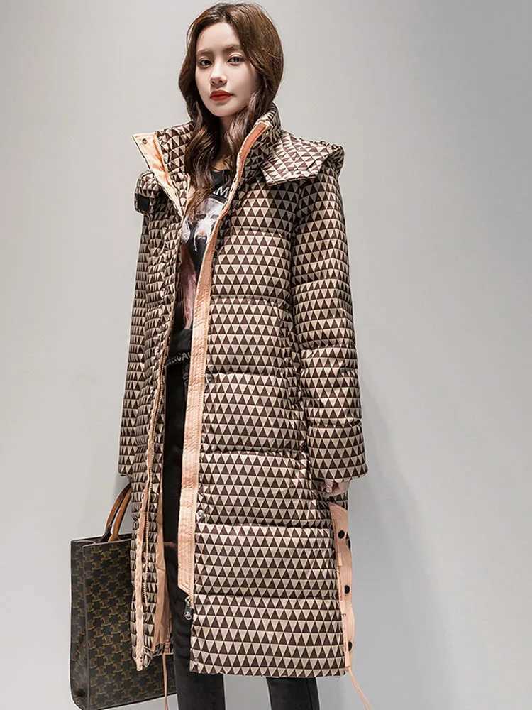 2023 Winter Warm Plaid Long Coat Women s Fashion Thicken Hooded Puffer Jacket Female Windproof Warm OutwearX241019