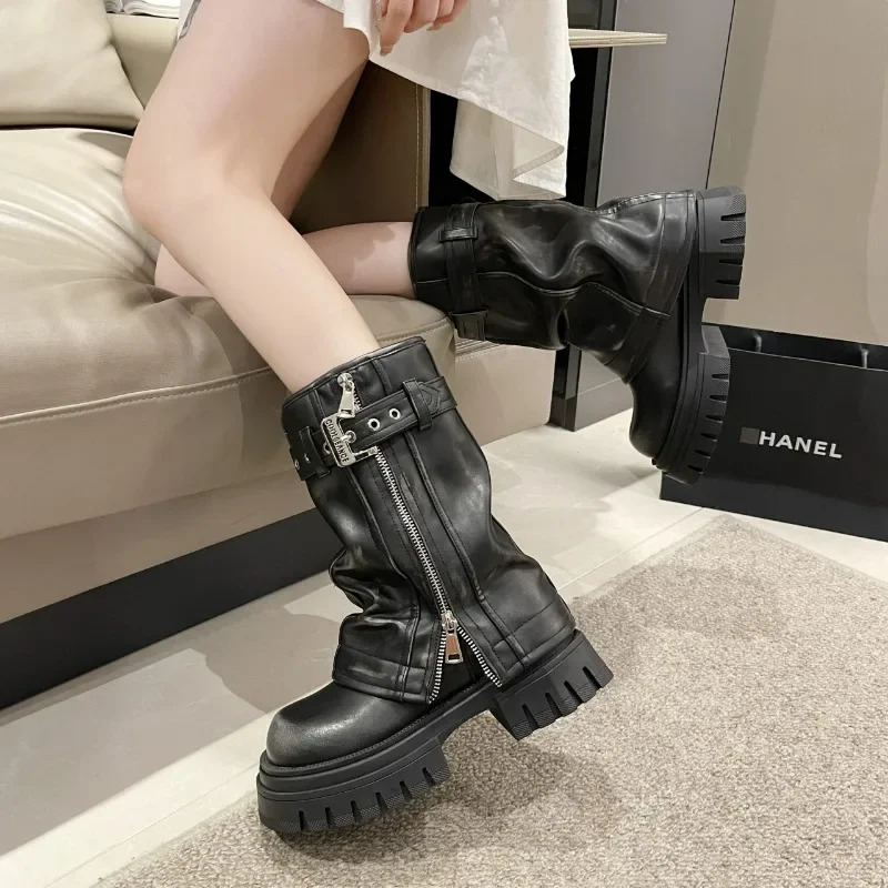 2024 Small and Medium Leg Womens Boots Platform Modern Boots Womens Belt Buckle Square Lace Zipper Square Heel Womens 241018
