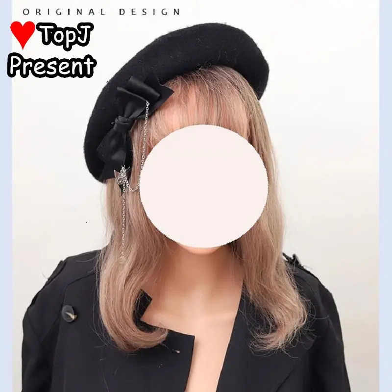 Womens Lolita Punk Steam Gothic Harajuku Girl Beret Black Bow JK Sweet Cool Personalized Autumn and Winter Hat 241018