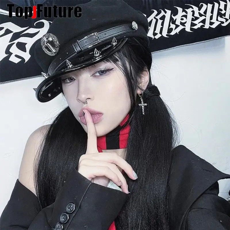 Harajuku Gothic Lolita Hat Womens Punk Chain Subculture Spicy Girl Stud Hat Womens Y2K Girl Accessories Lace Hat 241018