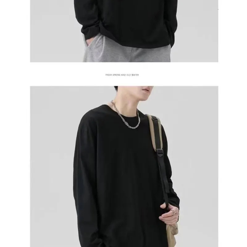 Autumn long sleeved mens T-shirt cotton round neck solid color casual Japanese clothing loose and breathable mens T-shirt top 241018