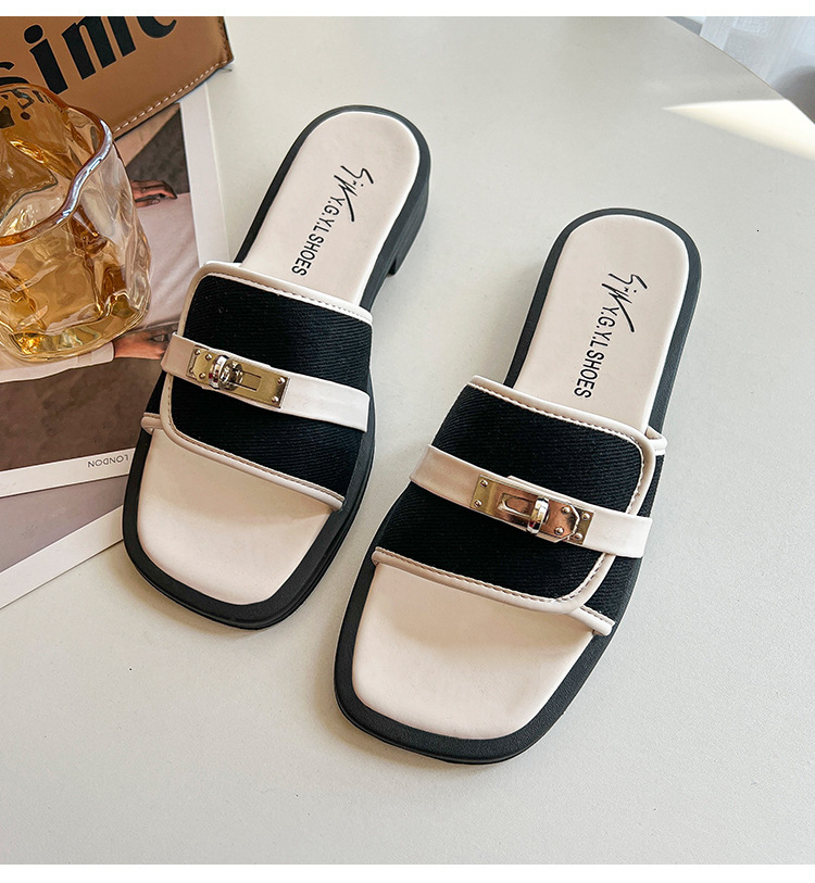 Flat Square Toe Bottom Slippers Summer New Women S Metal Buckle Decoration Casual One Line Low Heel Sandals For To Wear Externally Ddmysaturn