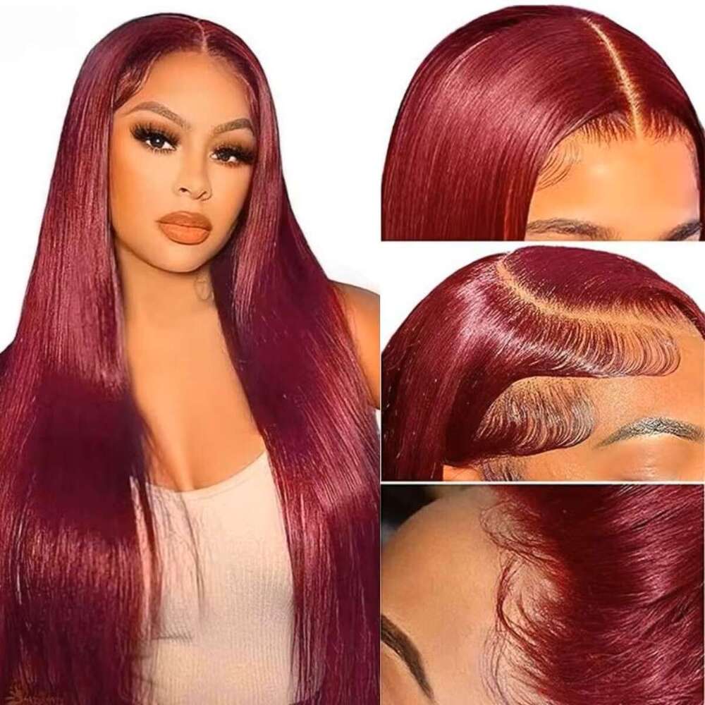 Burgundy x J X HD Lace Front Human Hair Wigs Colored Straight Pre Plucked with Baby Density