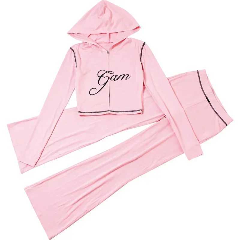 Women's Two Piece Pants Cute Women 2 Piece Zipper Hooded Jackets Slim Pants Sets Letter Crop Sweatshirts Tight Flare Pants Autumn Two Piece Outfi
