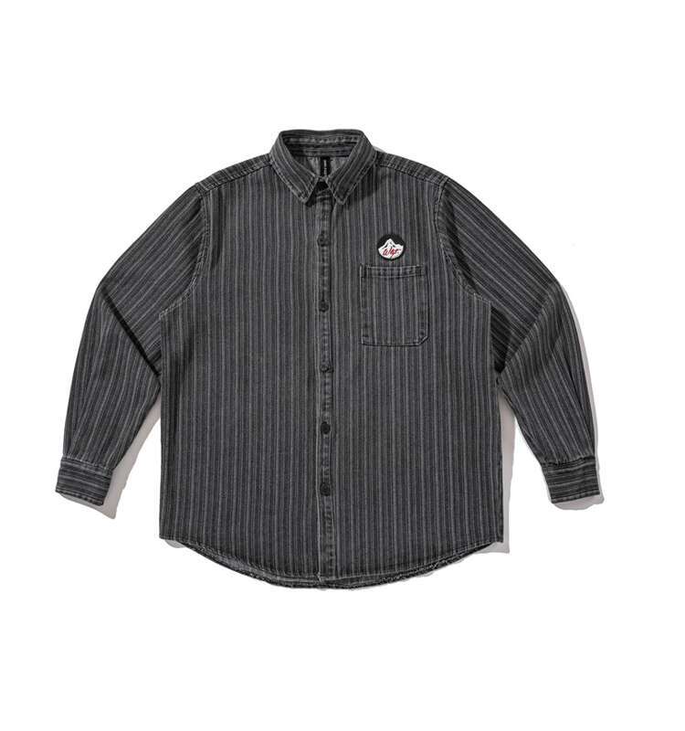 shanshi Men's shirts American badge embroidered striped denim long sleeve men casual cool trendy workwear shirt for men