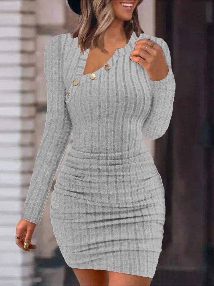 Fall/Winter Solid Color Tight Dress 2024 Elegant Long Sleeve Mini Dress Fashion Womens Round Neck Button Slimming Dress 241017