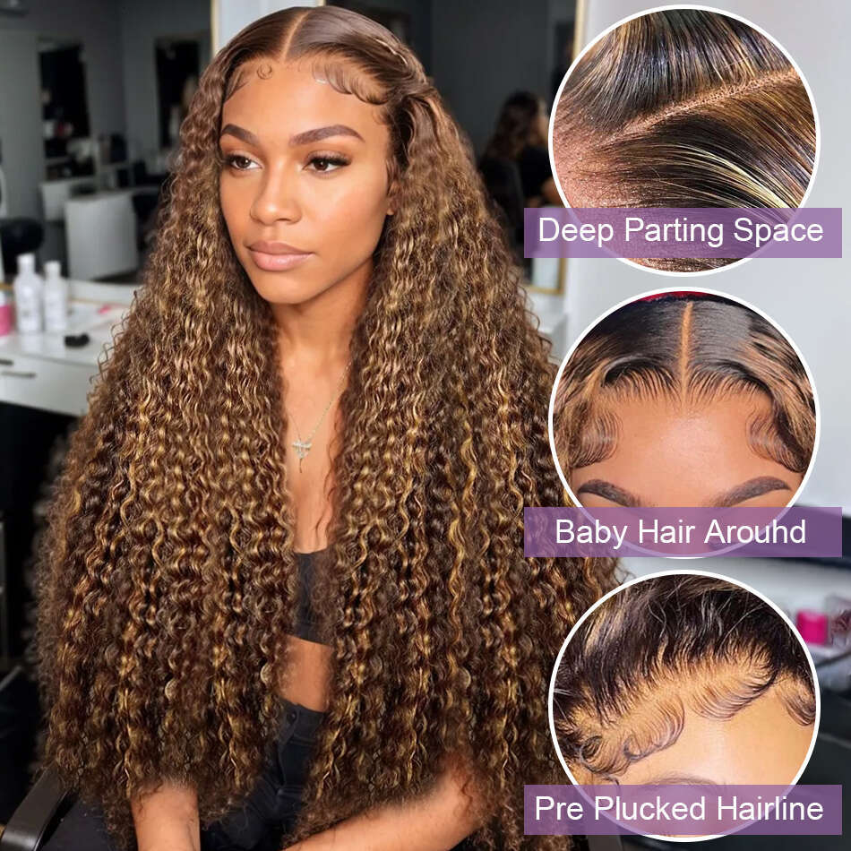 200 Density 40 Inch Highlight Honey Brown Curly HD Lace Front Human Hair 13x4 13x6 Ombre Color Deep Water Wave Frontal Wigs