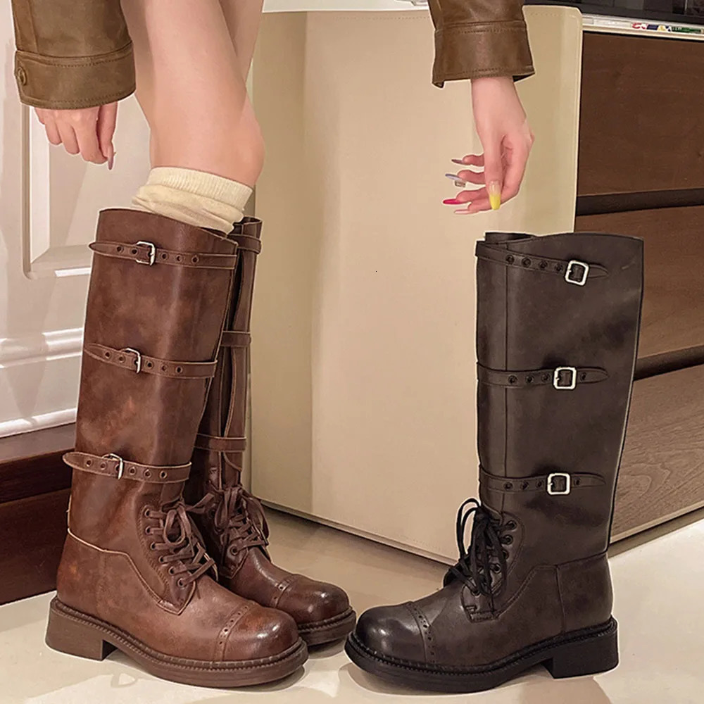 2024 Winter Punk Thick High Heel Buckle Riding Boots Cool Fashion Street Knee High Motorcycle Boots 241018