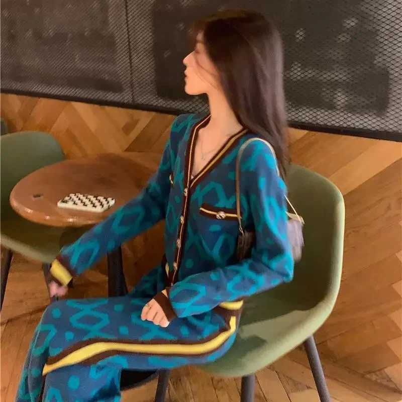 Women's Two Piece Pants Womens Trouser Knitted Printed Crochet Spring and Autumn Womens Pants Two Piece Set Sweater Wide Leg Party New Competitio
