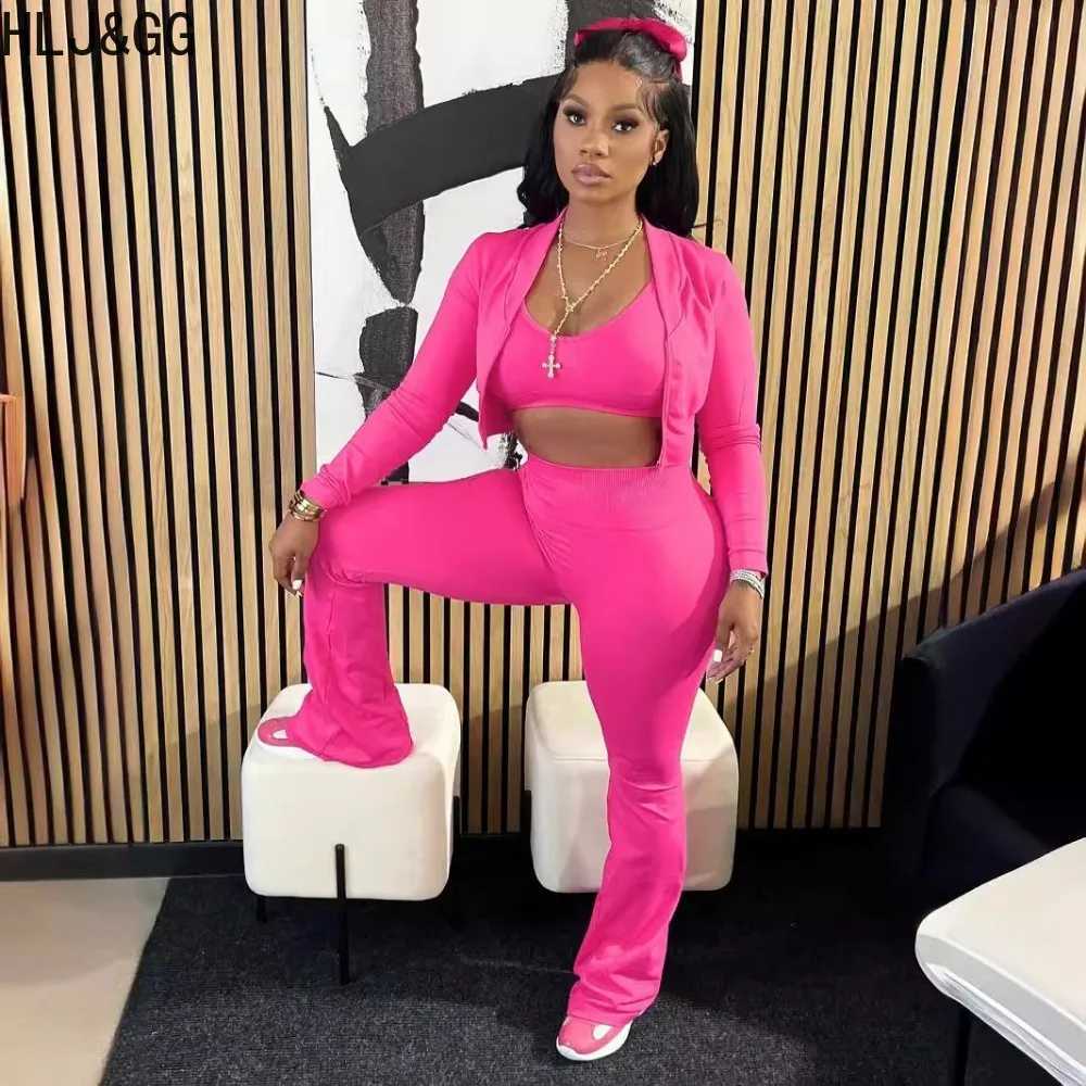 Women's Two Piece Pants HLJ GG Fashion Solid Tight 3-Piece Set Womens Low Cut Tank Top+Long Sleve Coat+Pants Set Casual Womens Sportswear Y241019