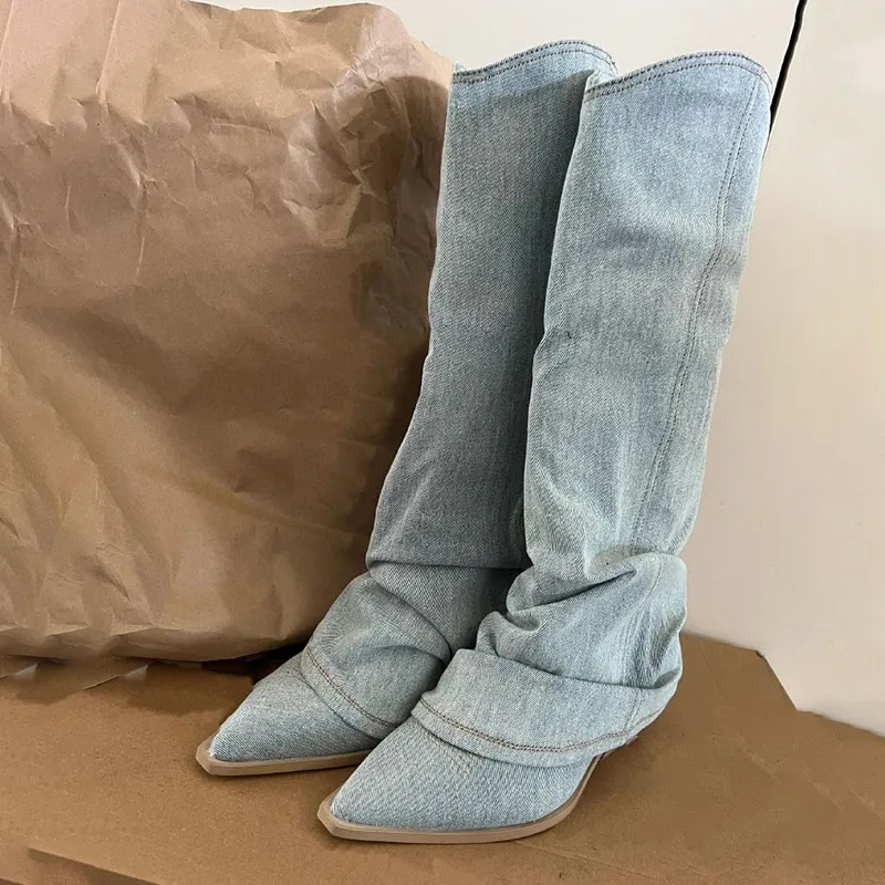 Pleats Blue Denim Thigh High For Women 2024 Spring Thick Heeled Pointed Toe Cowboy Womens Boots Slip On Western Long Boots