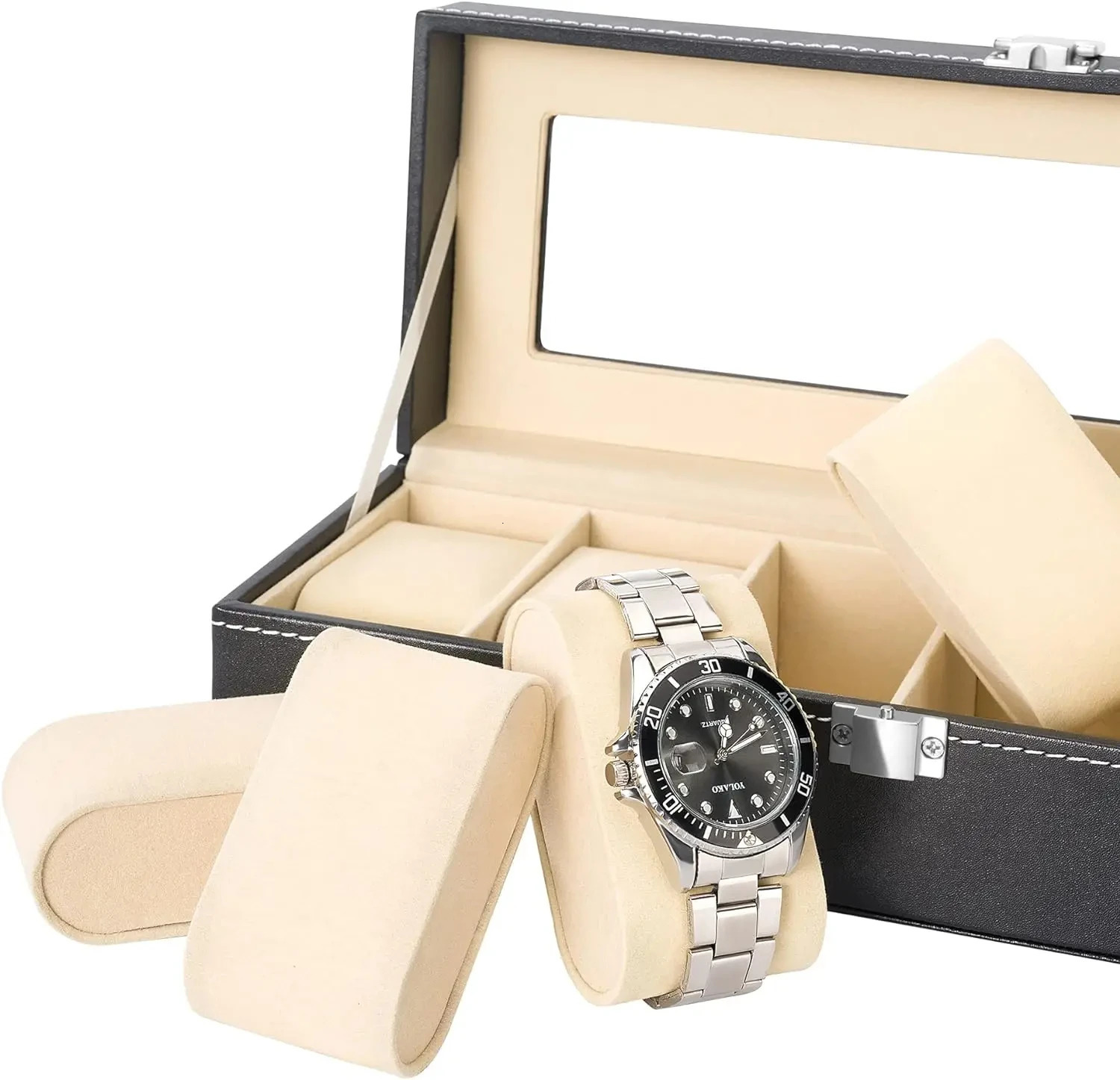 6-slot PU leather watch box display box jewelry organizer with glass top 241018