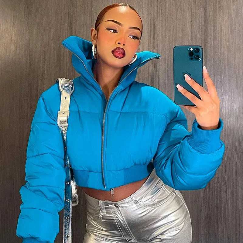 Women's Down Parkas Fashion Women Stand Collar Crop Puffer Jacket Zipper Blue Bubble Coats Parka Down High Waist Slim Cotton Short Puff Jacket Pa
