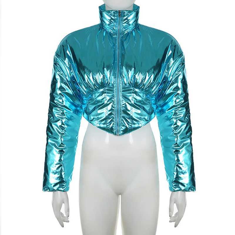 Women's Down Parkas Blue metal shiny bubble quilted coat womens 2024 winter warm park as a fashionable womens long Sleve crop inflatable jacket g