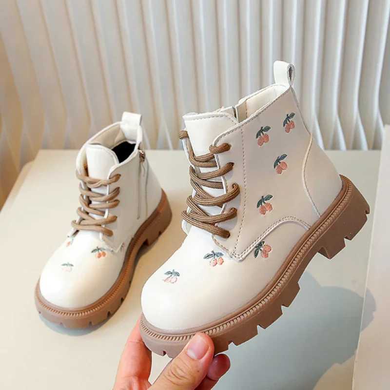 Childrens Boots Fashion Spring Autumn Black Ankle Boots for Girl Leather Elegant Embroider Flower Causal Kids Shoes Side ZipperXJ241206