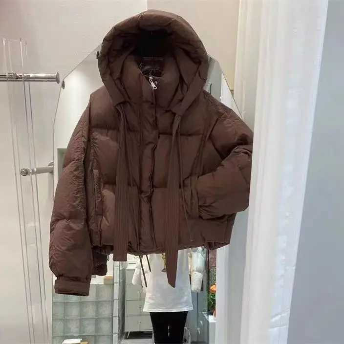 Women's Down Parkas 2024 New Ribbon Down Jacket Womens Ultra Short Hooded Thick Loose Jacket Womens Winter Jacket Y241019OGLO