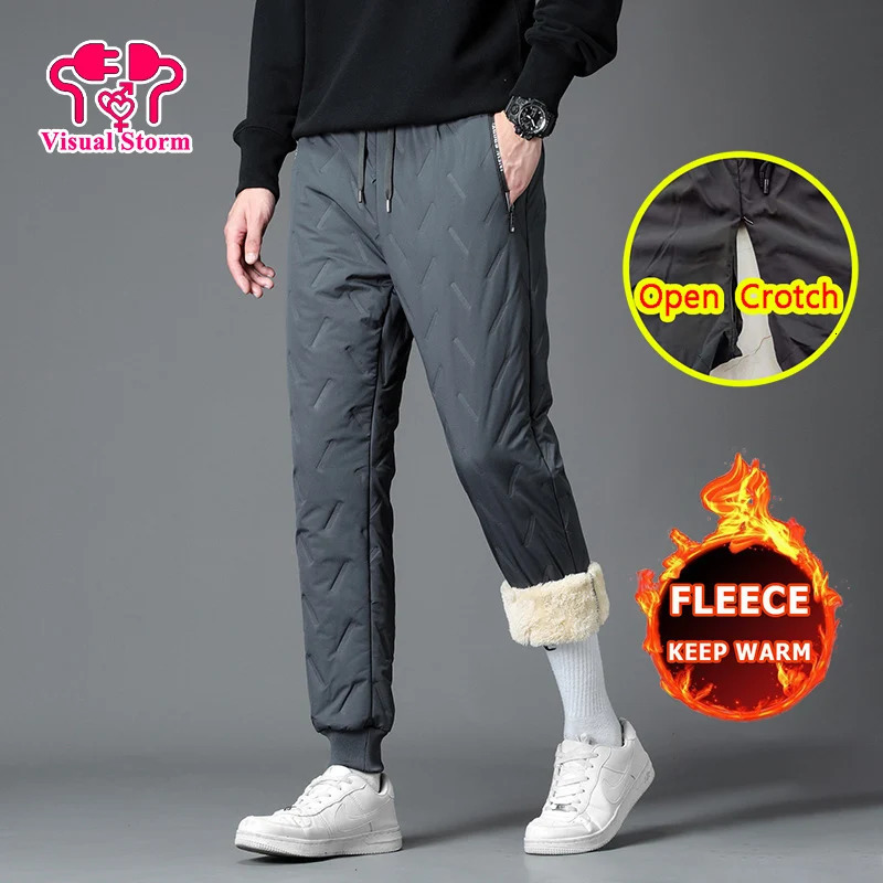 Mens crotch less pants winter open crotch less thick sweat pants 7XL large sports casual pants with three hidden zippers 241018