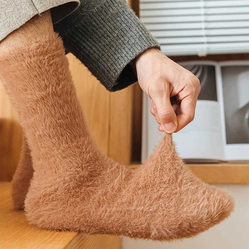 Autumn Winter Imitation Mink Fleece Middle Tube Socks Mens Solid Soft Plush Thickened Warm Socks Home Sleep Floor Socks For MenXJ241019