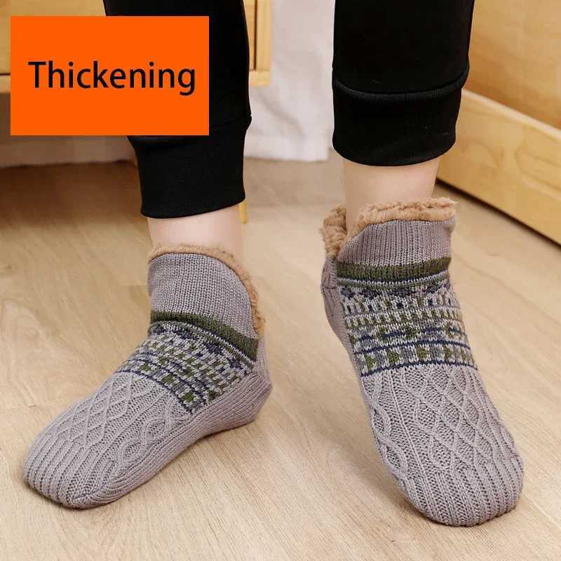 Non-slip Winter Indoor Home Slippers Socks Mens Floor Socks Knitted Adult Plus Fleece Carpet Sock Home Bedroom Sleeping SockXJ241019