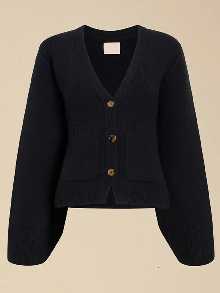 Fashionable long sleeved single chest pocket cardigan wool sweater for women elegant solid V-neck ultra-thin fit sweater for women 2024 commuting knit