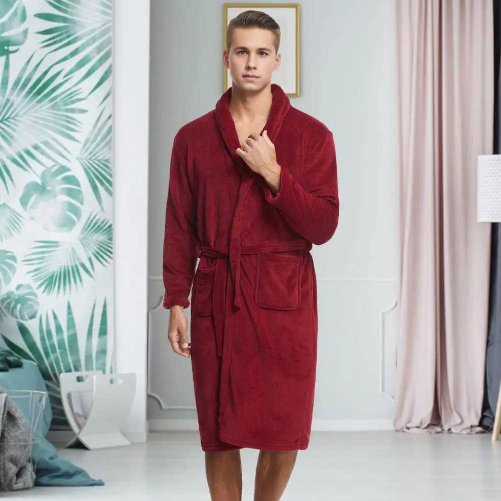 Knee-length Nightwear Cozy Flannel Nightgown with Pockets Lace-up Front for Men Knee-length Bathrobe Lounge for RelaxingXJ241018