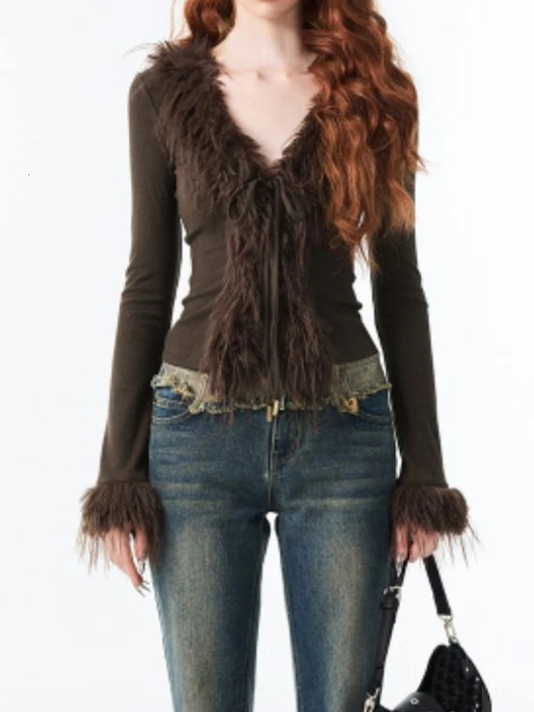 Korean Sexy Fashion Grunge Cardigan Y2k Aesthetic V-neck Jacket Women Harajuku Vintage Bandage Fur Patchwork Coat 2024 Autumn 241010
