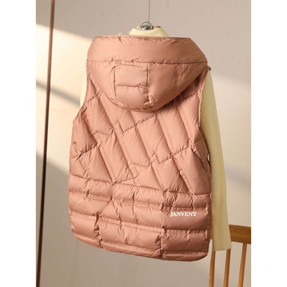 Janveny 2024 New Fashion Hooded Down Sleeveless Vest Women Lightweight Seamless White Duck Feather Puffer Short Waistcoat