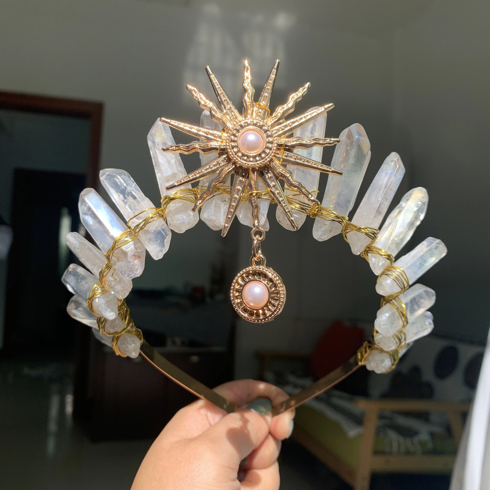 Original crystal crown sun goddess crystal tiaras jewelry hair accessories fairy headband pography props elf festival gifts 241018