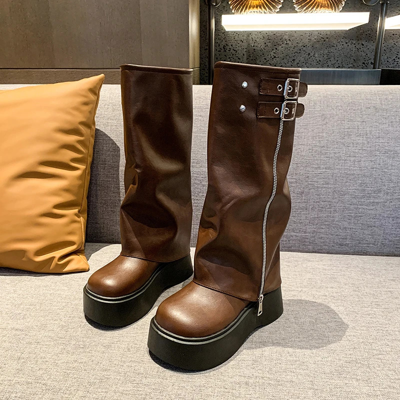 Winter Womens Bicycle Boots Fashion Buckle Womens Platform Wedge High Heel Long Tube Boots Casual Womens Knee High Boots 241018