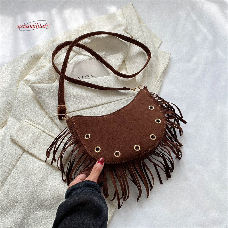 Tassel brown saddle shoulder niche ethnic controversy, West Asia crossbody bag, women's trendy travel bag #18 swissmilitary